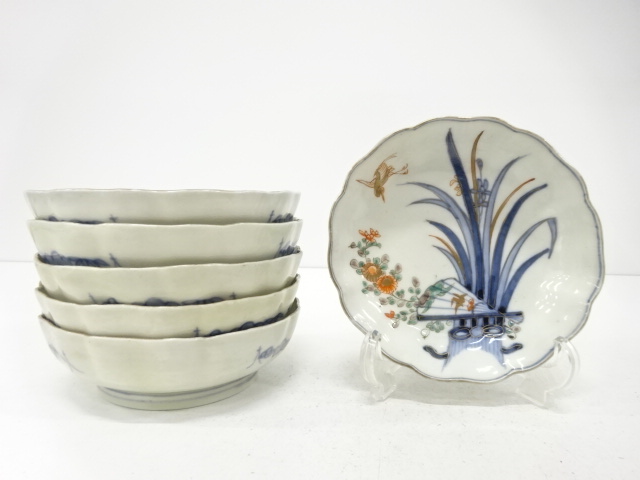 古伊万里　染付赤絵　鶴に花　なます皿　6客揃